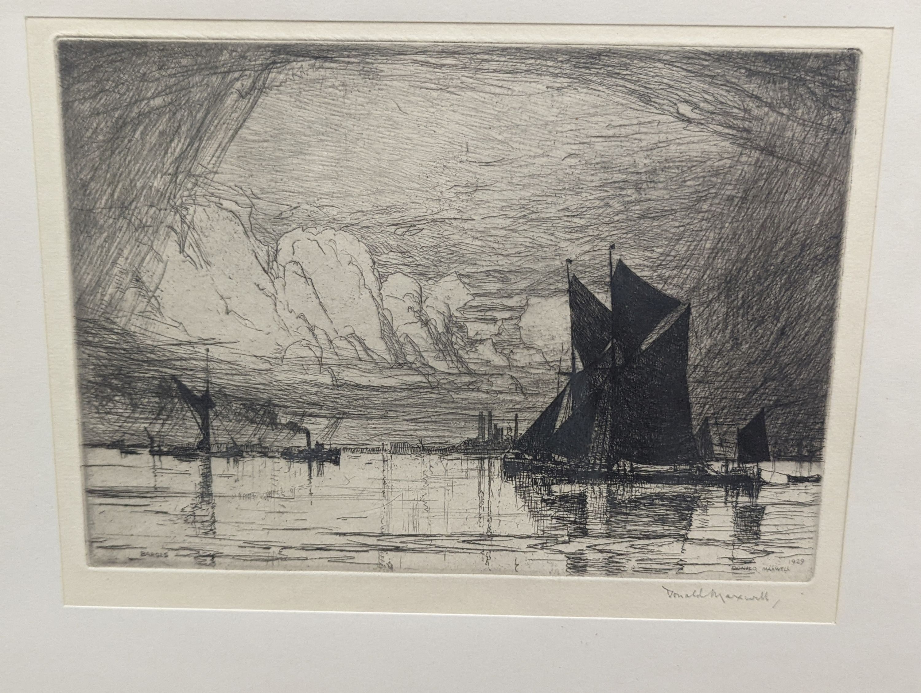 Donald Maxwell (1877-1936), etching, Sail barges off the coast, signed in pencil, 15 x 21cm and a etching and aquatint, Pooks Hill, 20 x 30cm